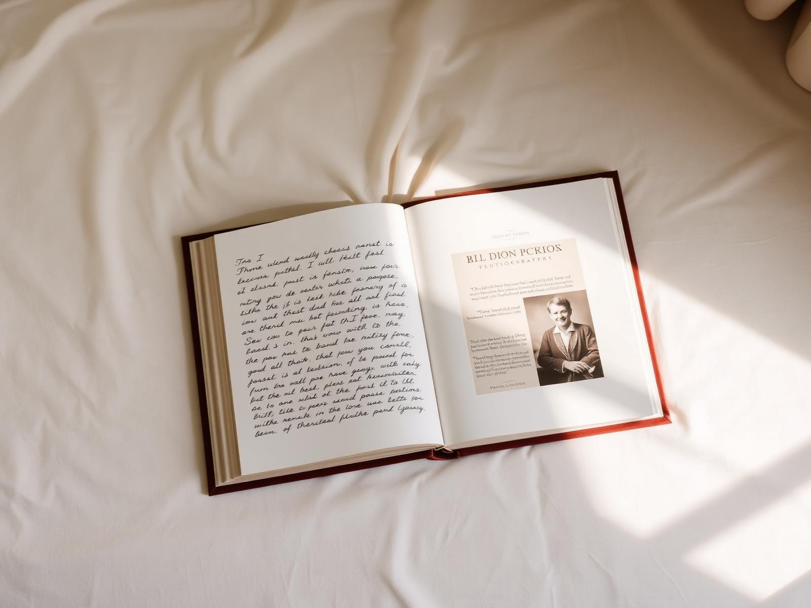 An open keepsake book showing a handwritten letter on the left page and a photograph on the right page