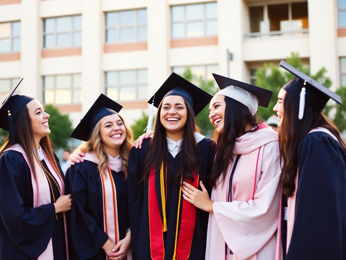 A group of friends in graduation gowns laughing together