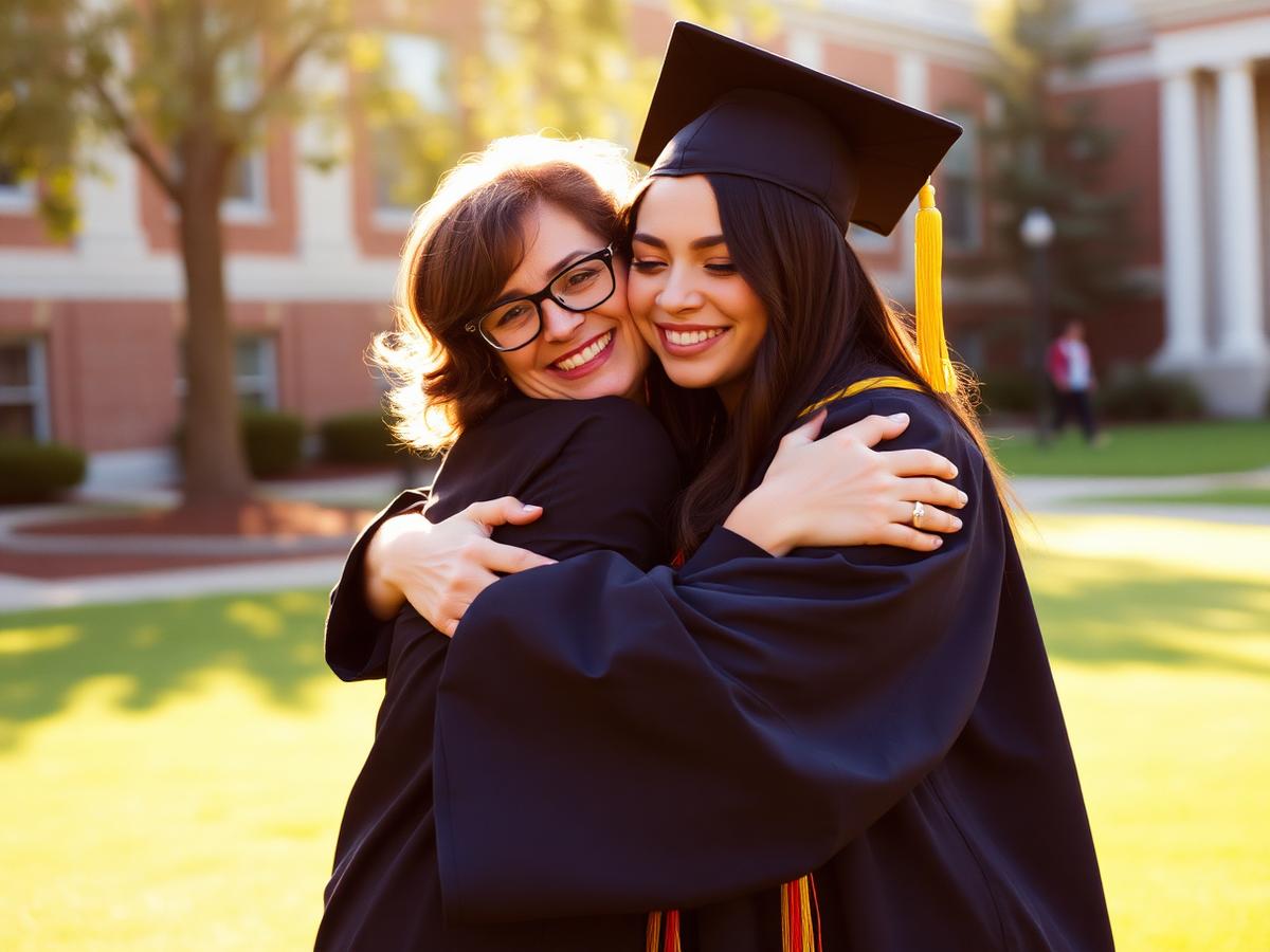 A mother hugging her daughter in a graduation cap and gown
