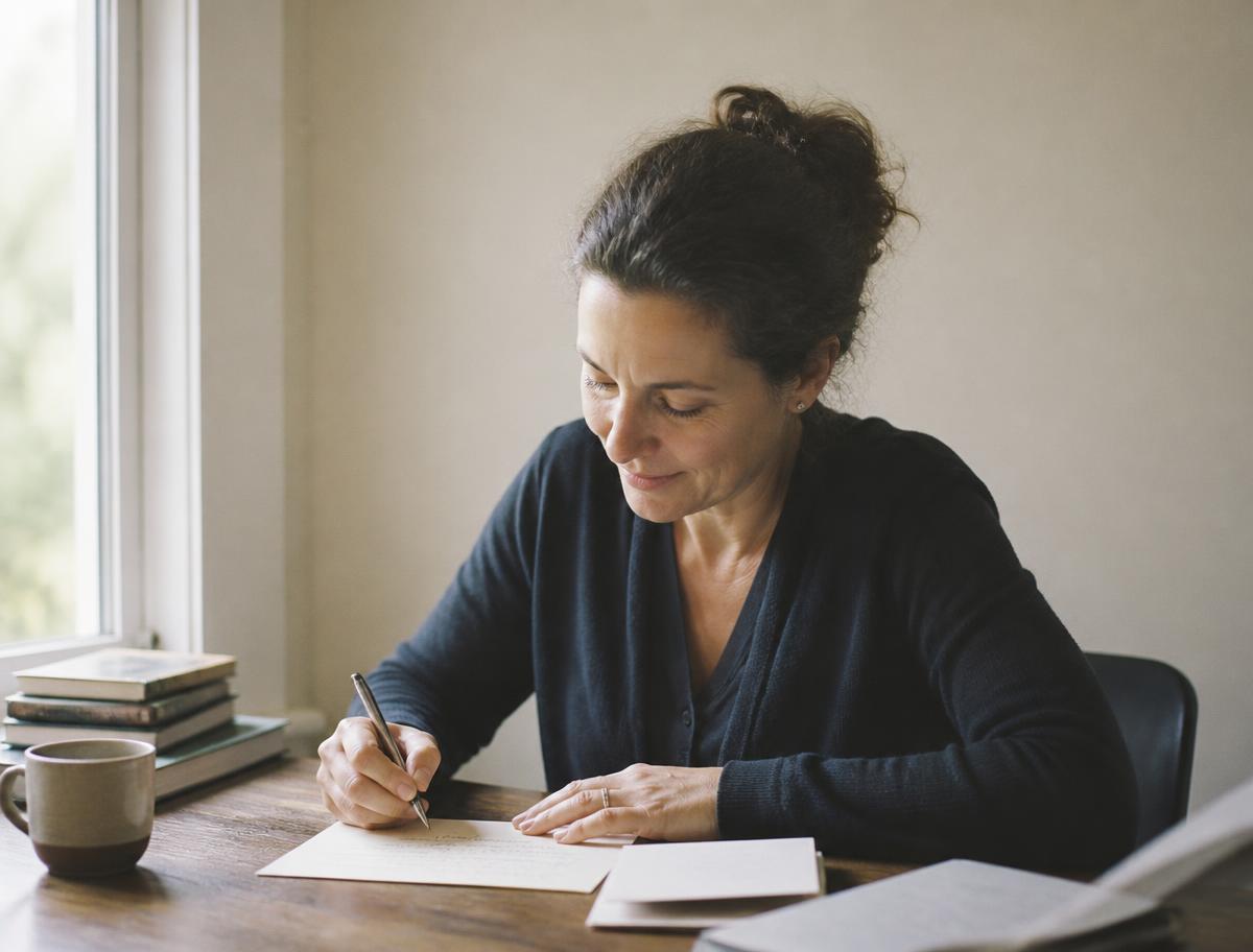 A teacher writing a handwritten letter at a classroom desk