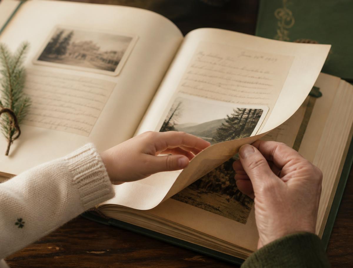 A child's hand and an older hand turning the pages of a keepsake memory book together