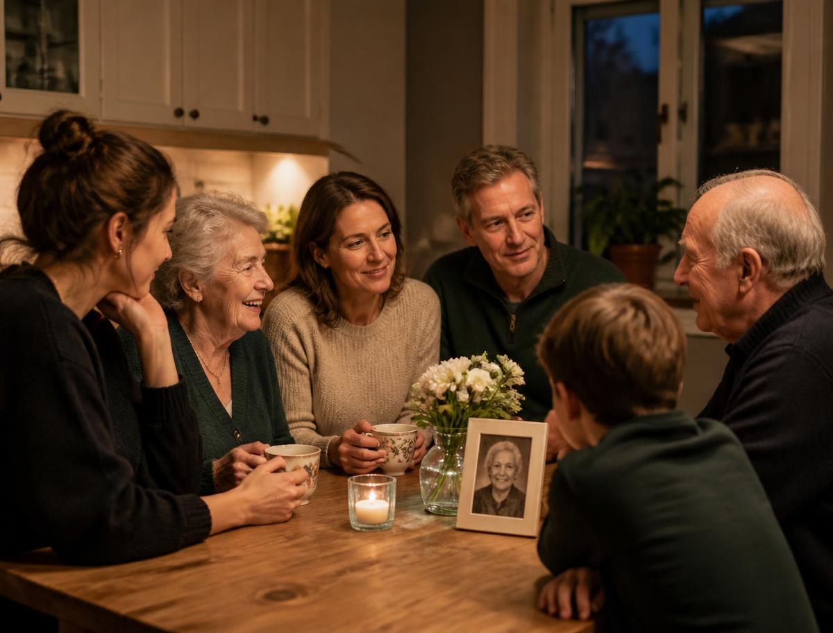 A family gathered at a kitchen table sharing stories beside a framed photograph and a candle