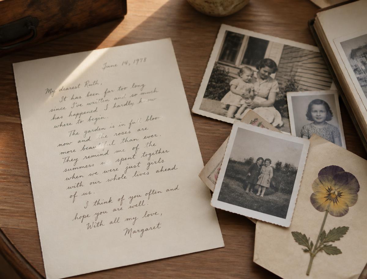 A handwritten letter beside vintage family photographs and a pressed flower