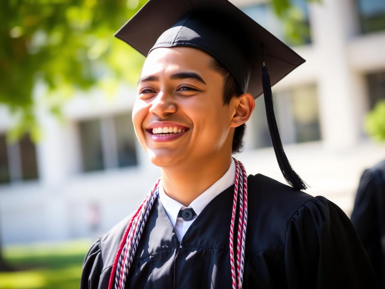 A graduate in cap and gown smiling