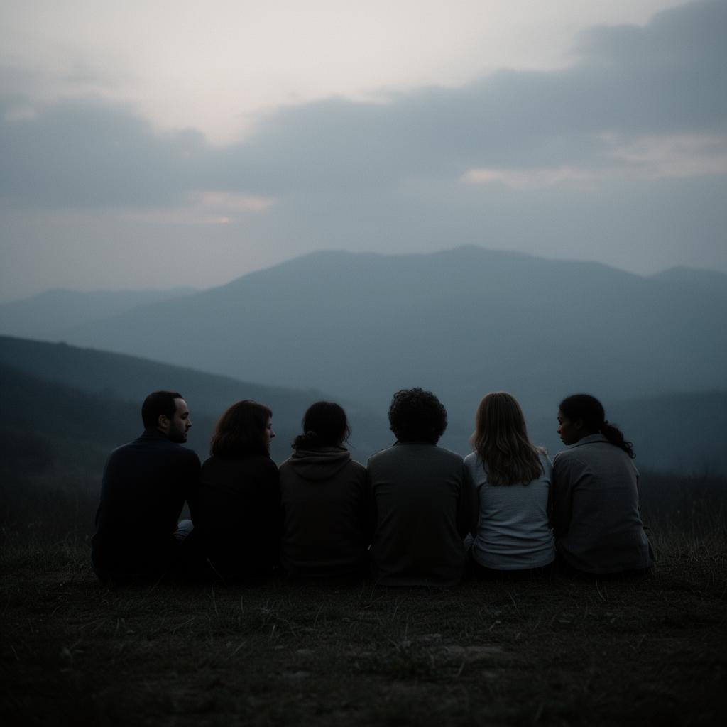 A small mixed group of friends and family sitting together on a hillside at dusk, sharing a quiet, somber moment