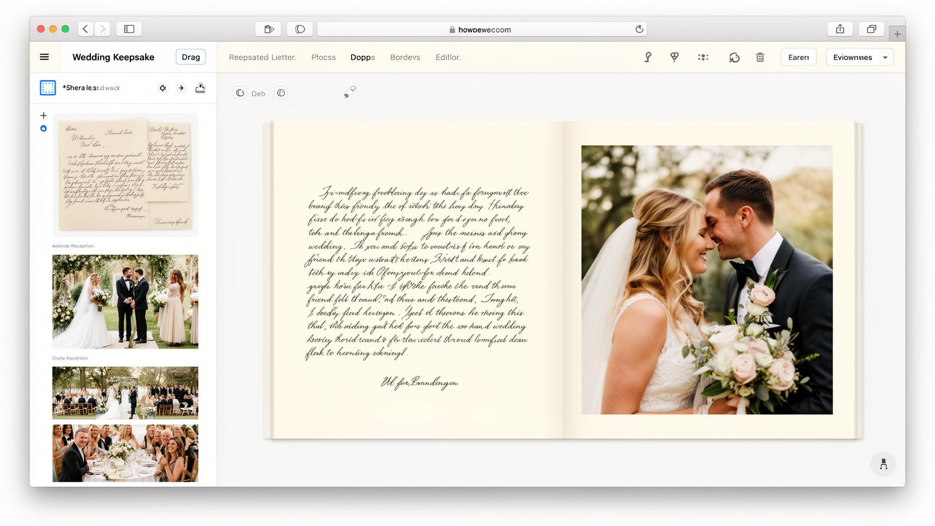 The drag-and-drop editor with letters and photos in a sidebar and a two-page book spread on the canvas