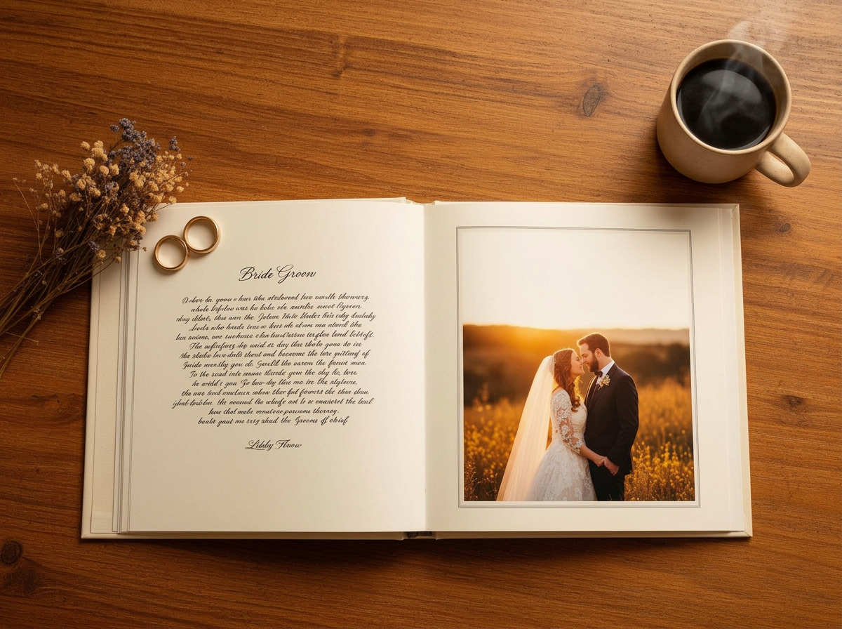 An open keepsake book on a wooden table showing a handwritten letter on the left page and a family photo on the right page